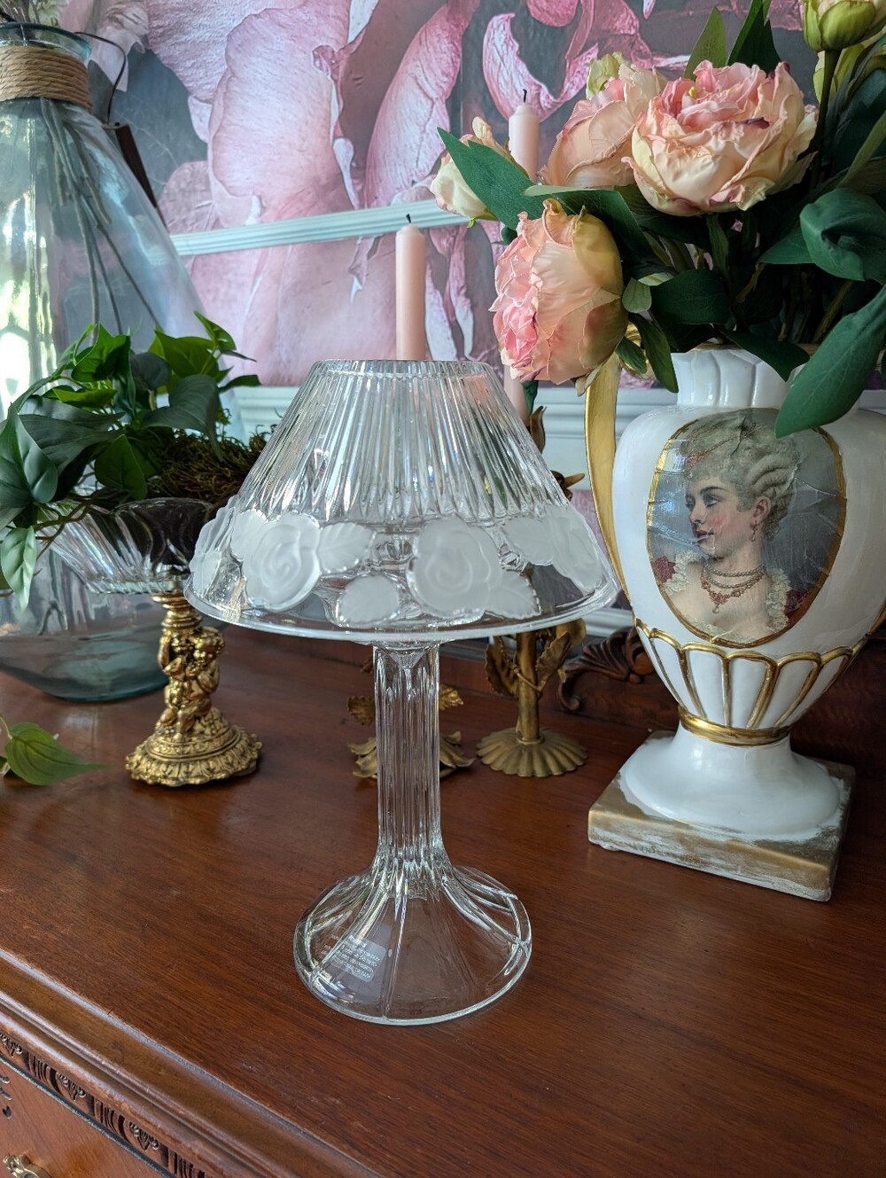 Vintage Royal Limited Crystal Rose Detail Fairy Lamp Candle Holder w/ Box , 13"
